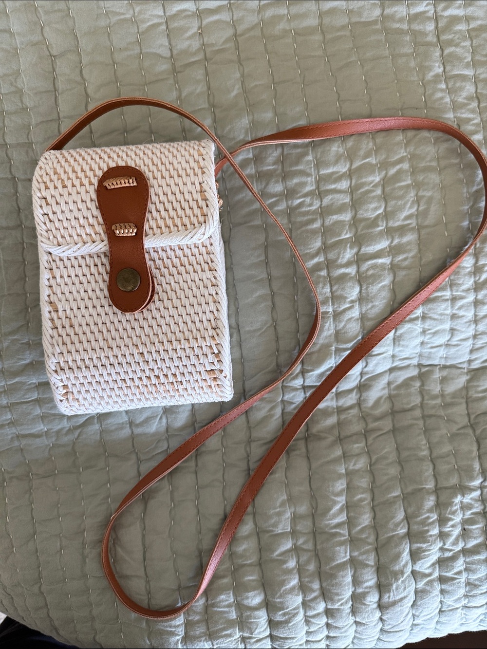 Francesca's Collections Woven Cream Crossbody with Brown Trim